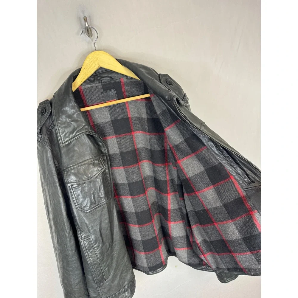 Levis Mens Genuine Leather Cafe Jacket Black Plaid Lined Full Zip Epaulettes XXL